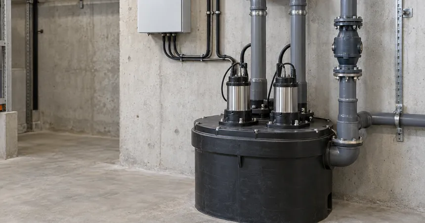 Estación elevadora compacta de aguas residuales con tanque de plástico instalada en el sótano de un edificio