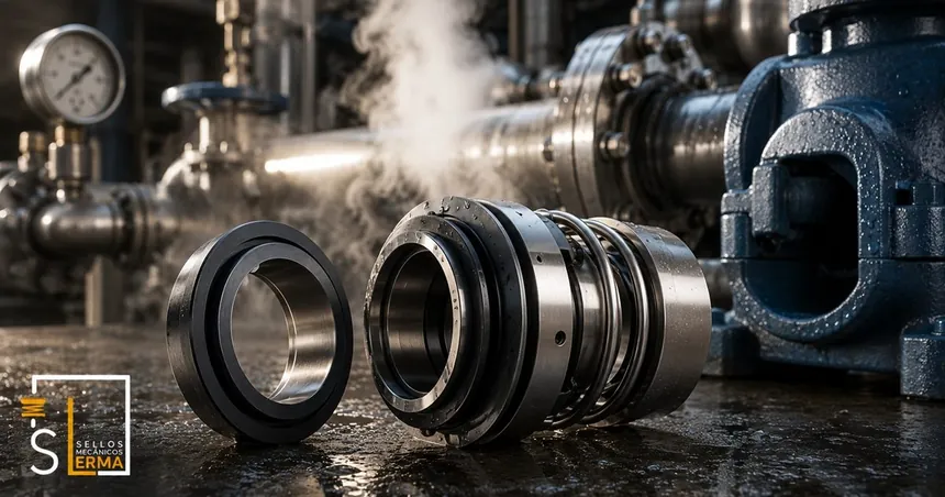 Sello mecánico industrial instalado en una bomba de agua caliente y vapor de una caldera