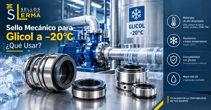 Sello mecánico para bomba con glicol a −20°C junto a la tubería con hielo y las especificaciones de materiales recomendados