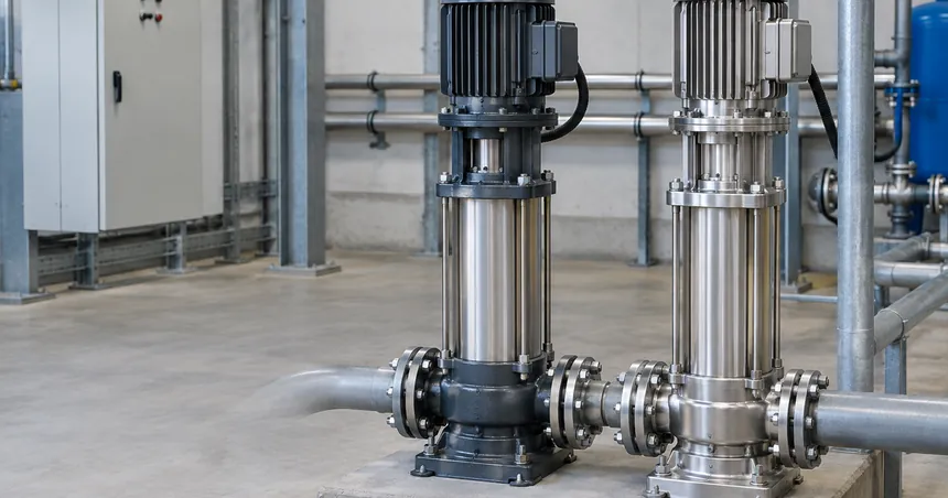 Dos bombas verticales multietapa: una con cabezal y base de hierro fundido pintado y otra toda de acero inoxidable