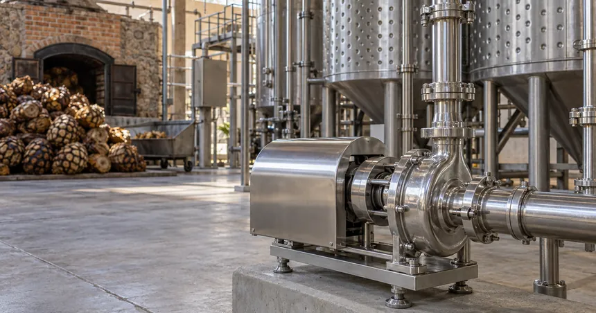 Bomba sanitaria de acero inoxidable con conexiones clamp junto a tanques de fermentación en una destilería de tequila