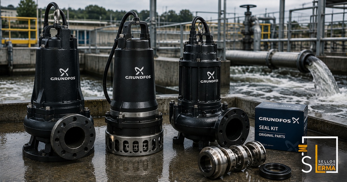 Bomba sumergible Grundfos para aguas residuales instalada en una fosa de bombeo industrial en Guadalajara