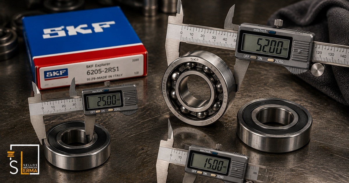 Calibrador vernier midiendo el diámetro interior de un balero SKF para identificar la referencia correcta
