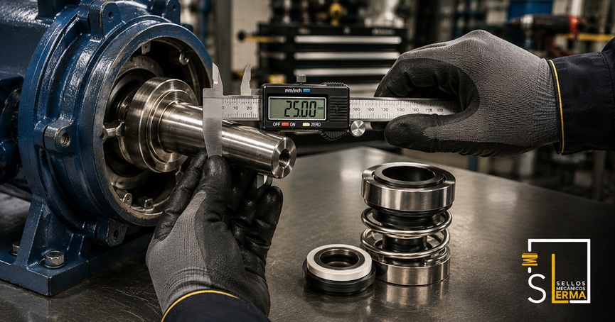 Técnico midiendo el diámetro del eje de una bomba centrífuga con un vernier digital en el taller