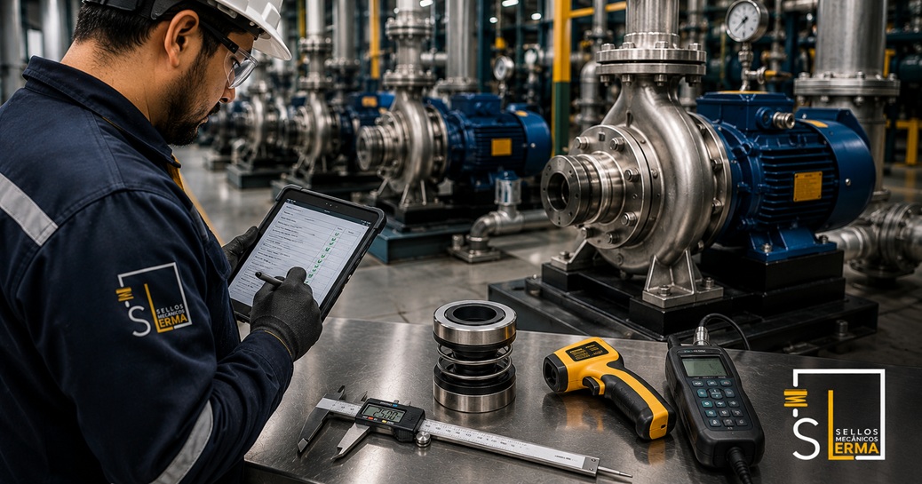 Técnico revisando una hoja de checklist de mantenimiento preventivo junto a una bomba centrífuga industrial en una planta de Guadalajara