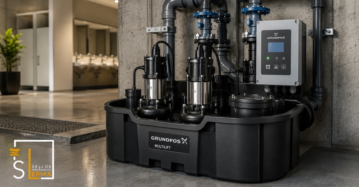 Estación elevadora Grundfos Multilift instalada en el cuarto de máquinas de un edificio en Guadalajara