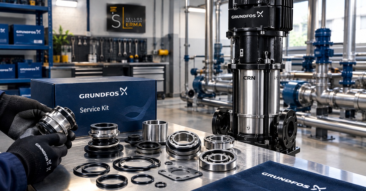 Técnico de mantenimiento revisando un Grundfos Service Kit con sello mecánico y o-rings originales sobre una mesa de trabajo