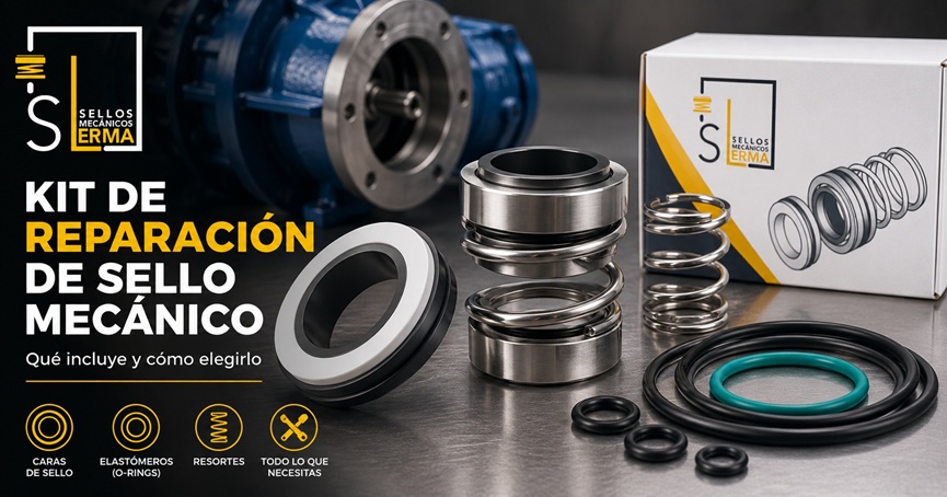 Componentes de un kit de reparación de sello mecánico: caras de sellado, O-rings y resorte sobre una mesa de trabajo del taller