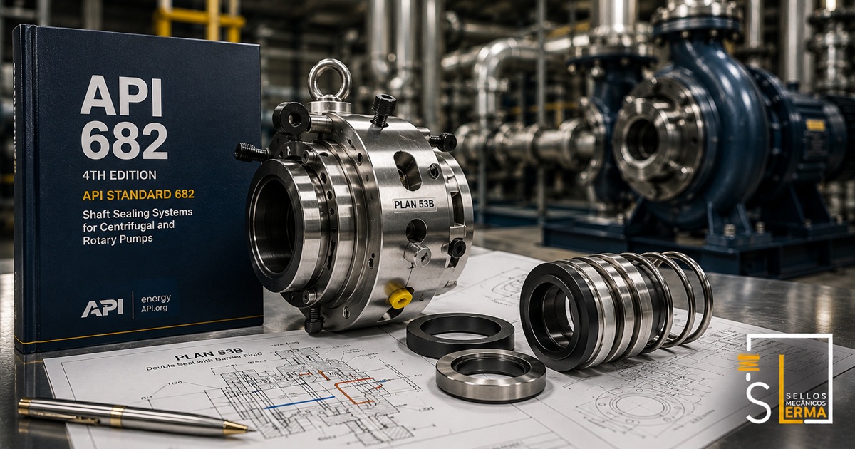 Ingeniero de planta revisando la hoja de datos de un sello mecánico API 682 junto a una bomba de proceso industrial