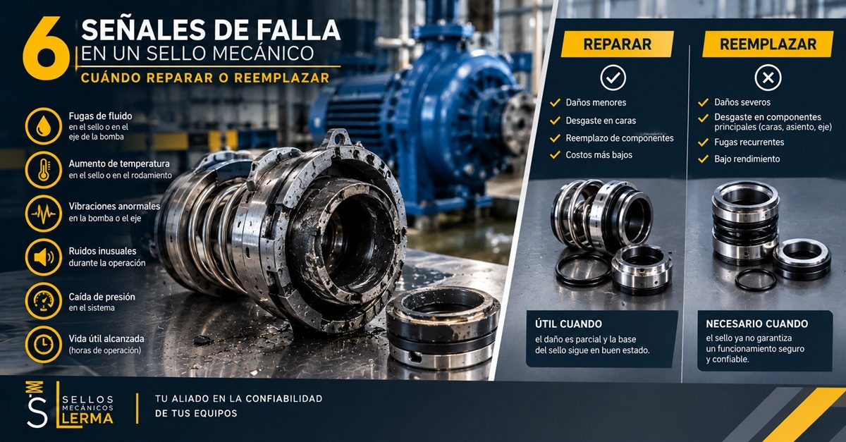 Infografía de las 6 señales de falla de un sello mecánico y cuándo reparar o reemplazar