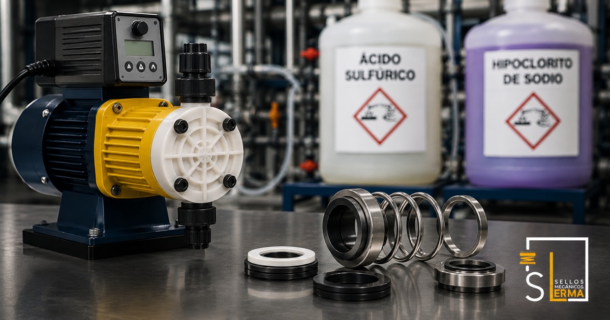 Sello mecánico instalado en una bomba dosificadora de químicos industriales en una planta de tratamiento