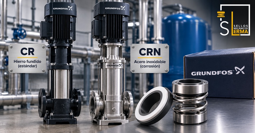 Comparación lado a lado de una bomba Grundfos CR de hierro fundido y una bomba Grundfos CRN de acero inoxidable en un taller industrial