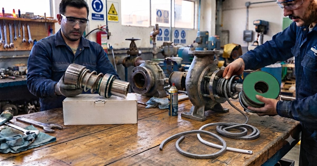 Técnicos de Sellos Mecánicos Lerma comparando un sello mecánico y empaquetadura en el taller