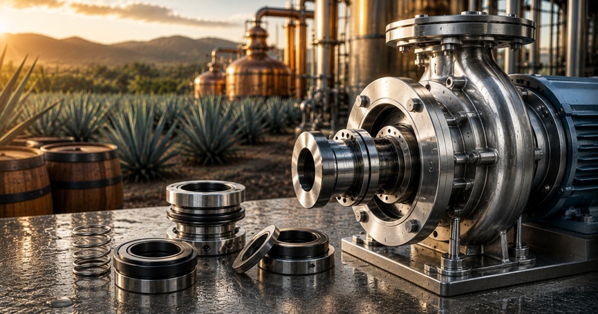 Sello mecánico sanitario instalado en una bomba de transferencia de mosto en una destilería de tequila en Jalisco