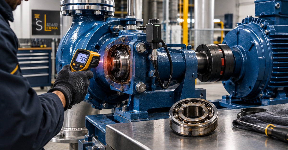 Técnico de mantenimiento revisando con un termómetro infrarrojo la temperatura de un balero en una bomba centrífuga industrial