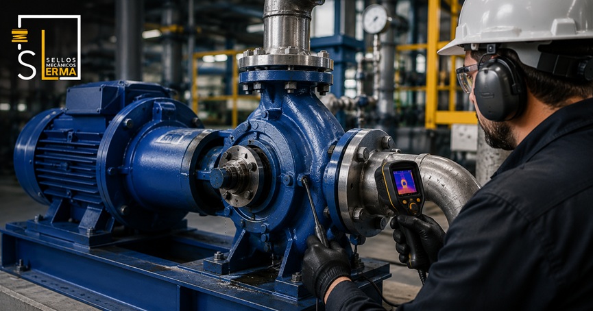 Técnico de mantenimiento revisando con estetoscopio industrial el ruido y la vibración de una bomba centrífuga en planta
