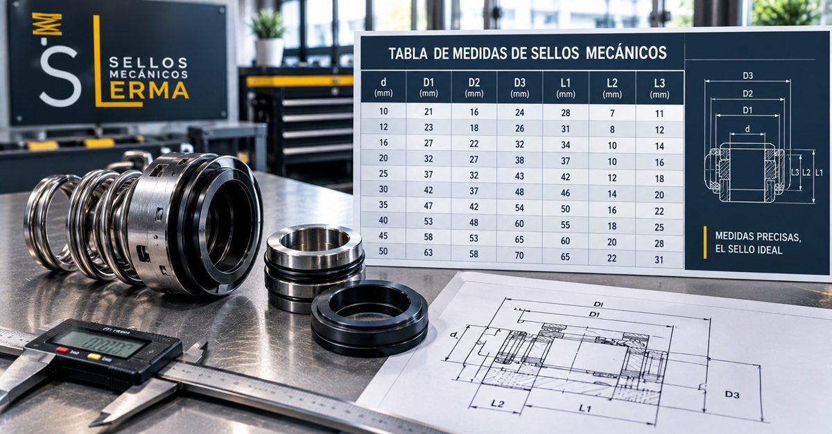 Varios sellos mecánicos de distintos diámetros ordenados sobre una mesa de trabajo junto a un vernier digital